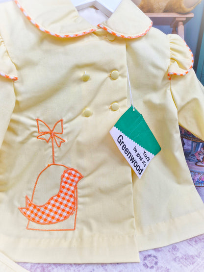 12-18 months. Lemon vintage coat with embroidered birds, flutter shoulders and collar. Comes with matching scarf