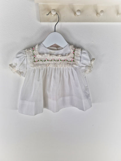 0-6 months. White vintage dress with embroidered dainty flowers and lace