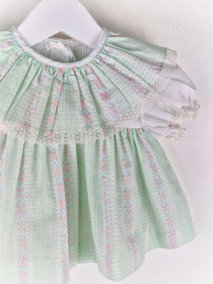 3-6 months. Mint and white gingham vintage dress with frilly collar and floral designs