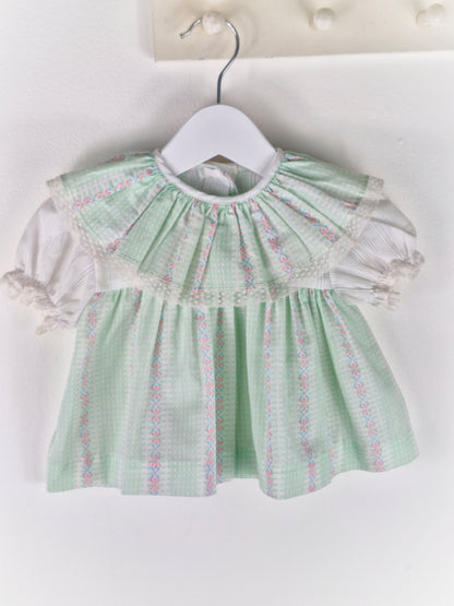 3-6 months. Mint and white gingham vintage dress with frilly collar and floral designs