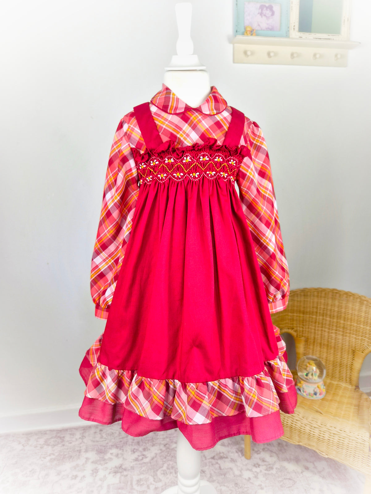 5 years. Maroon tartan vintage smocked Polly Flinders dress with embroidered floral design