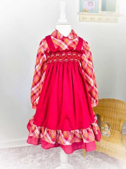 5 years. Maroon tartan vintage smocked Polly Flinders dress with embroidered floral design