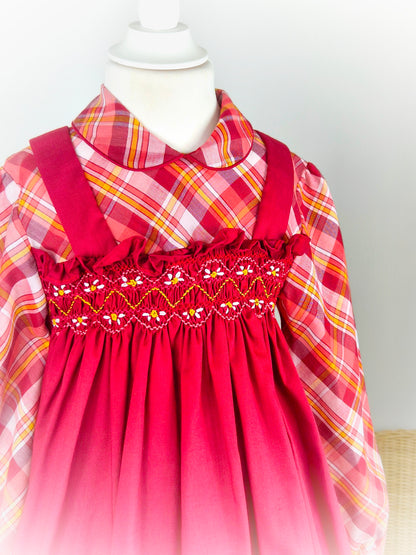 5 years. Maroon tartan vintage smocked Polly Flinders dress with embroidered floral design