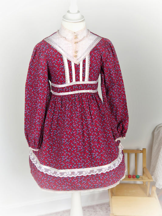 5 years. Vintage burgundy floral dress by Gunne Sax with lace trim, high collar and long sleeves. See description for fault*