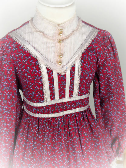 5 years. Vintage burgundy floral dress by Gunne Sax with lace trim, high collar and long sleeves. See description for fault*