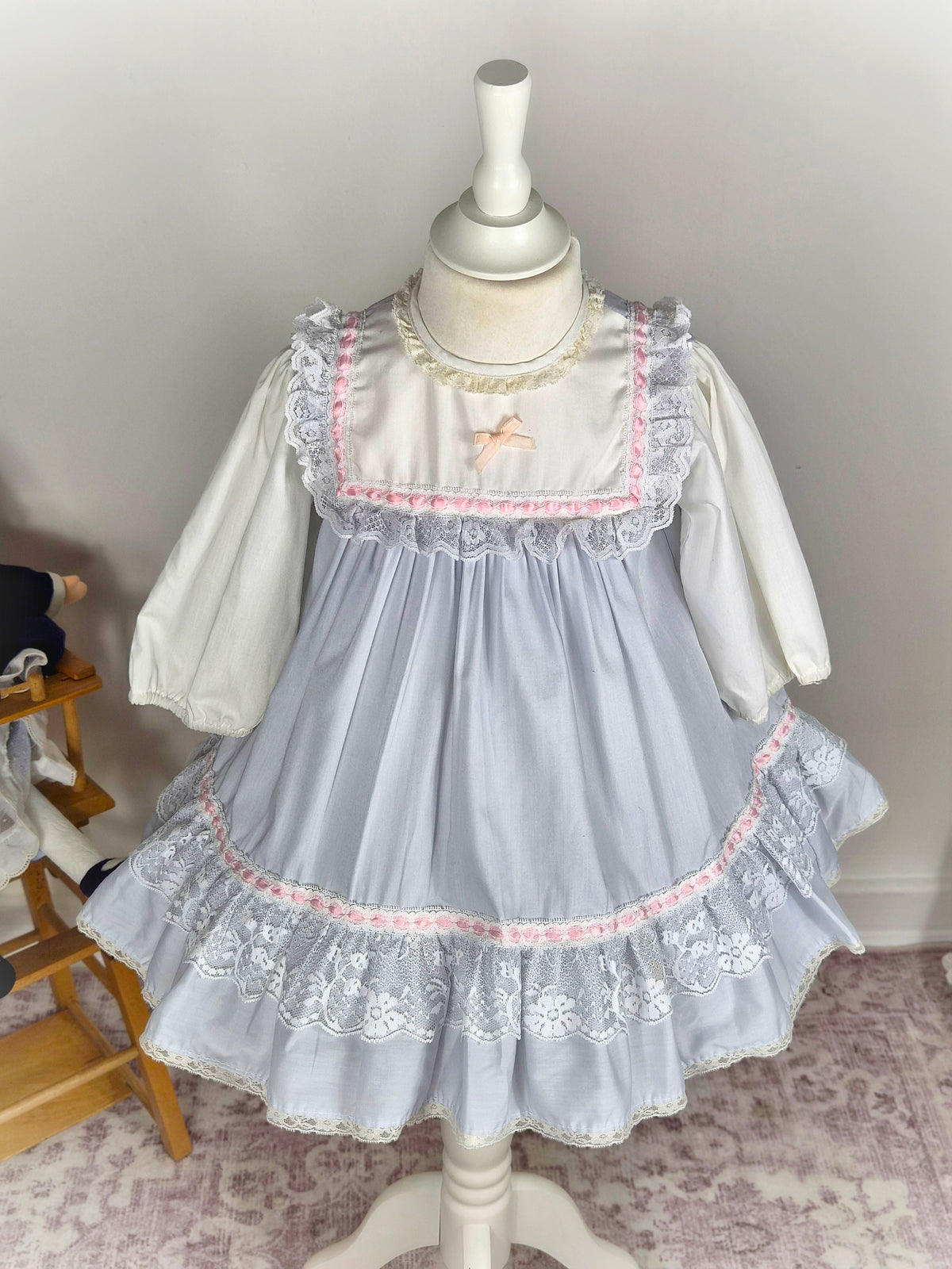 3 years. Grey and white vintage Alexis dress with pink ribbon trim and white lace details