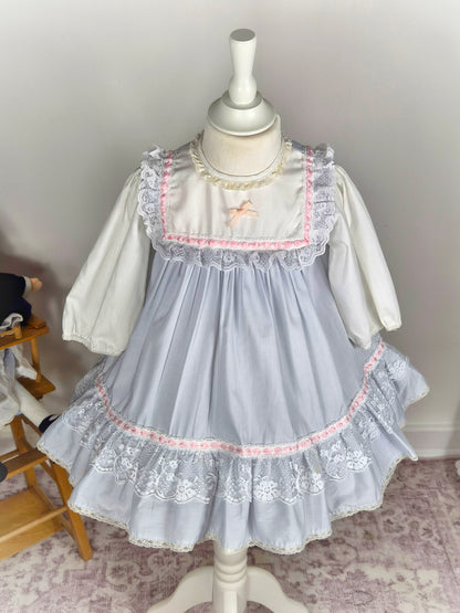 3 years. Grey and white vintage Alexis dress with pink ribbon trim and white lace details