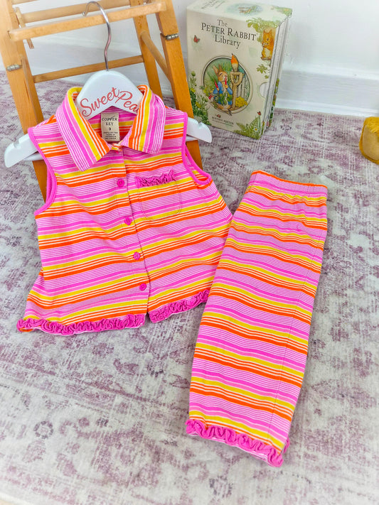 3 years. Pink, yellow and orange striped two piece set