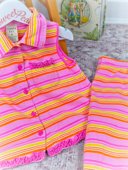 3 years. Pink, yellow and orange striped two piece set