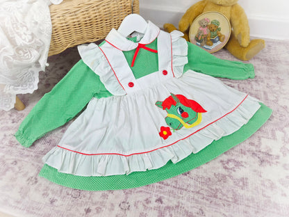 2 years. Green and white vintage dress with polka dots and horse applique. See description *