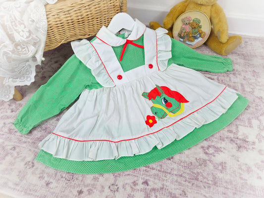 2 years. Green and white vintage dress with polka dots and horse applique. See description *