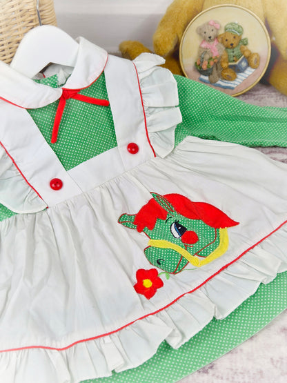 2 years. Green and white vintage dress with polka dots and horse applique. See description *