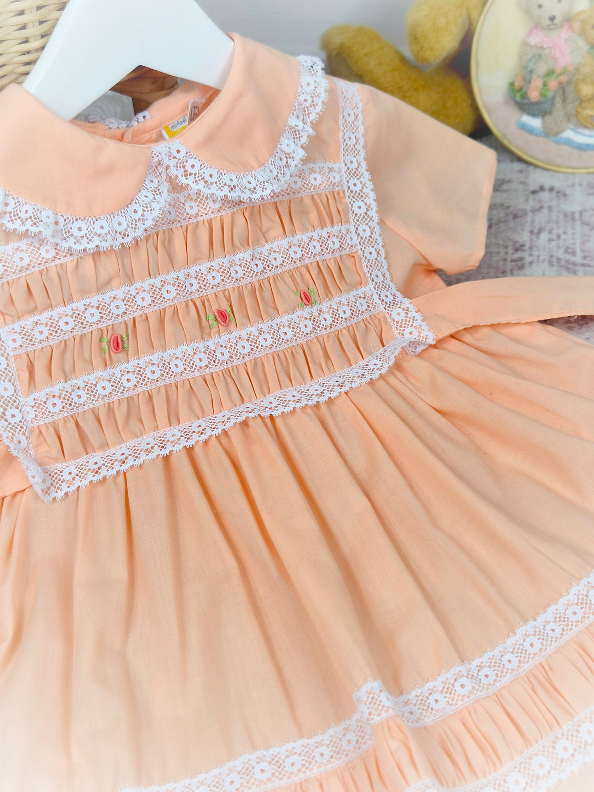 18-24 months. Peach vintage smock Michael de Leon dress with white lace and dainty embroidered flowers