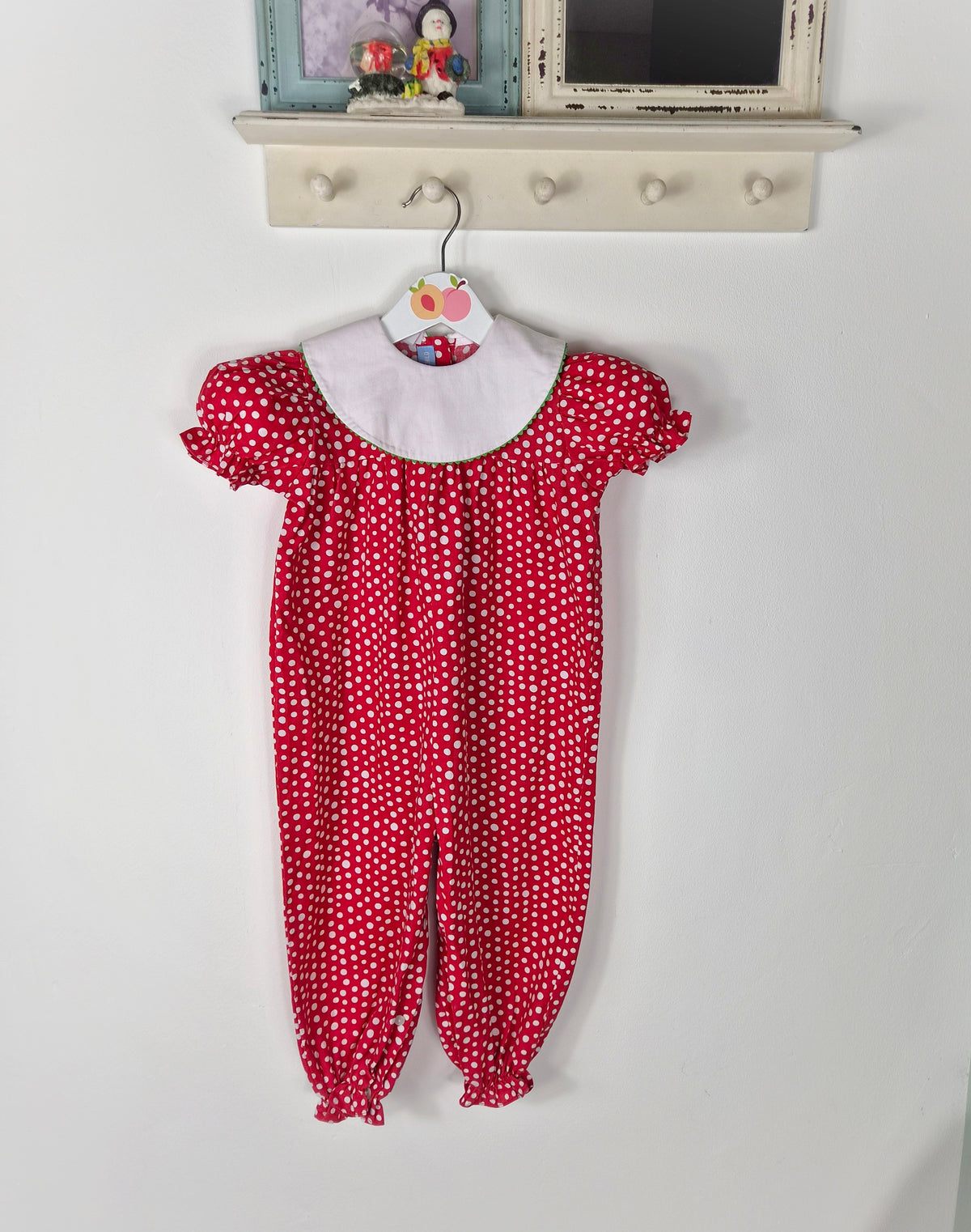2 years. Red and white polka dot vintage romper with white bib from Mondays Child