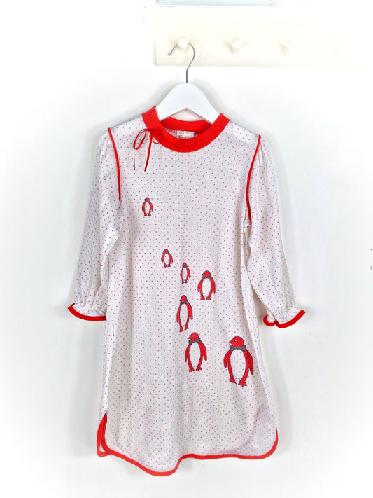 3-4 years. White and red vintage nightie with penguins and polka dots