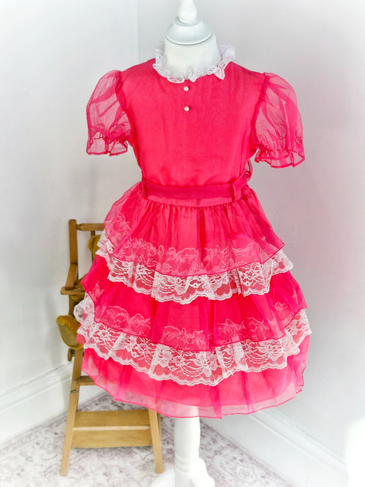 5-6 years. Hot pink vintage dress from Jill Lynn with white lace ruffles and neck