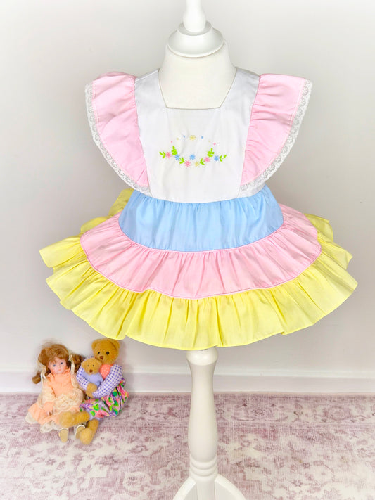 18-24 months. Pastel vintage dress with fluttet sleeves and embroidered floral designs