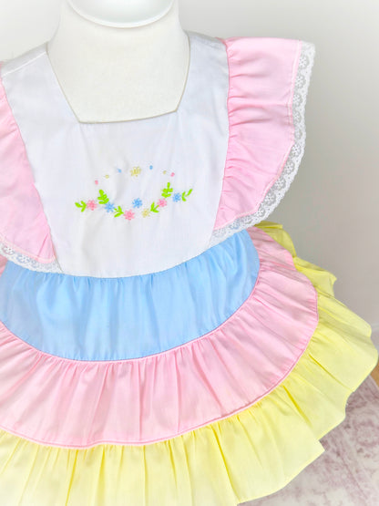 18-24 months. Pastel vintage dress with fluttet sleeves and embroidered floral designs