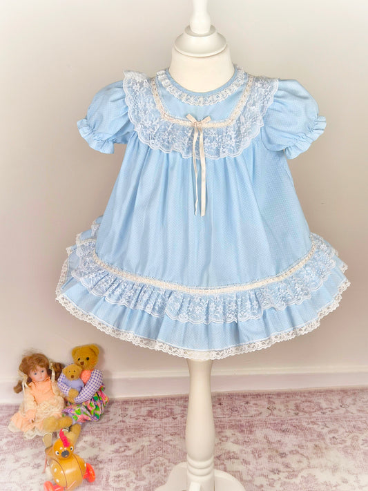 18-24 months/2 years. Blue vintage dress with white lace and ribbon, polka dots and puff sleeves