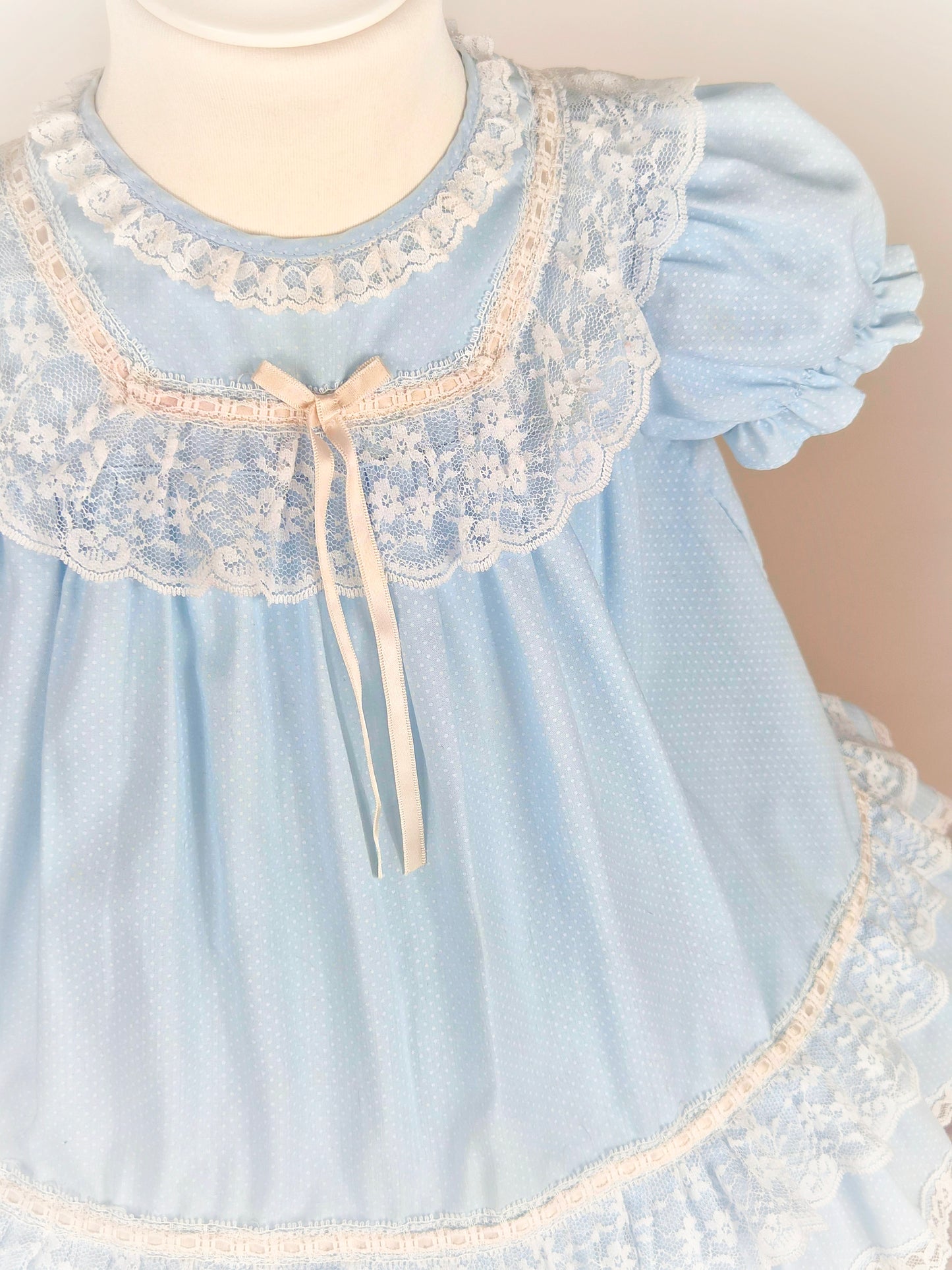 18-24 months/2 years. Blue vintage dress with white lace and ribbon, polka dots and puff sleeves
