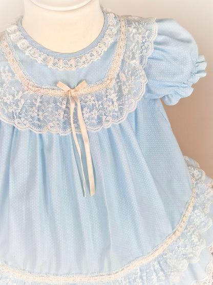 18-24 months/2 years. Blue vintage dress with white lace and ribbon, polka dots and puff sleeves