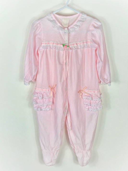 12 months. Pink vintage sleepsuit sith lace, ribbons and frills