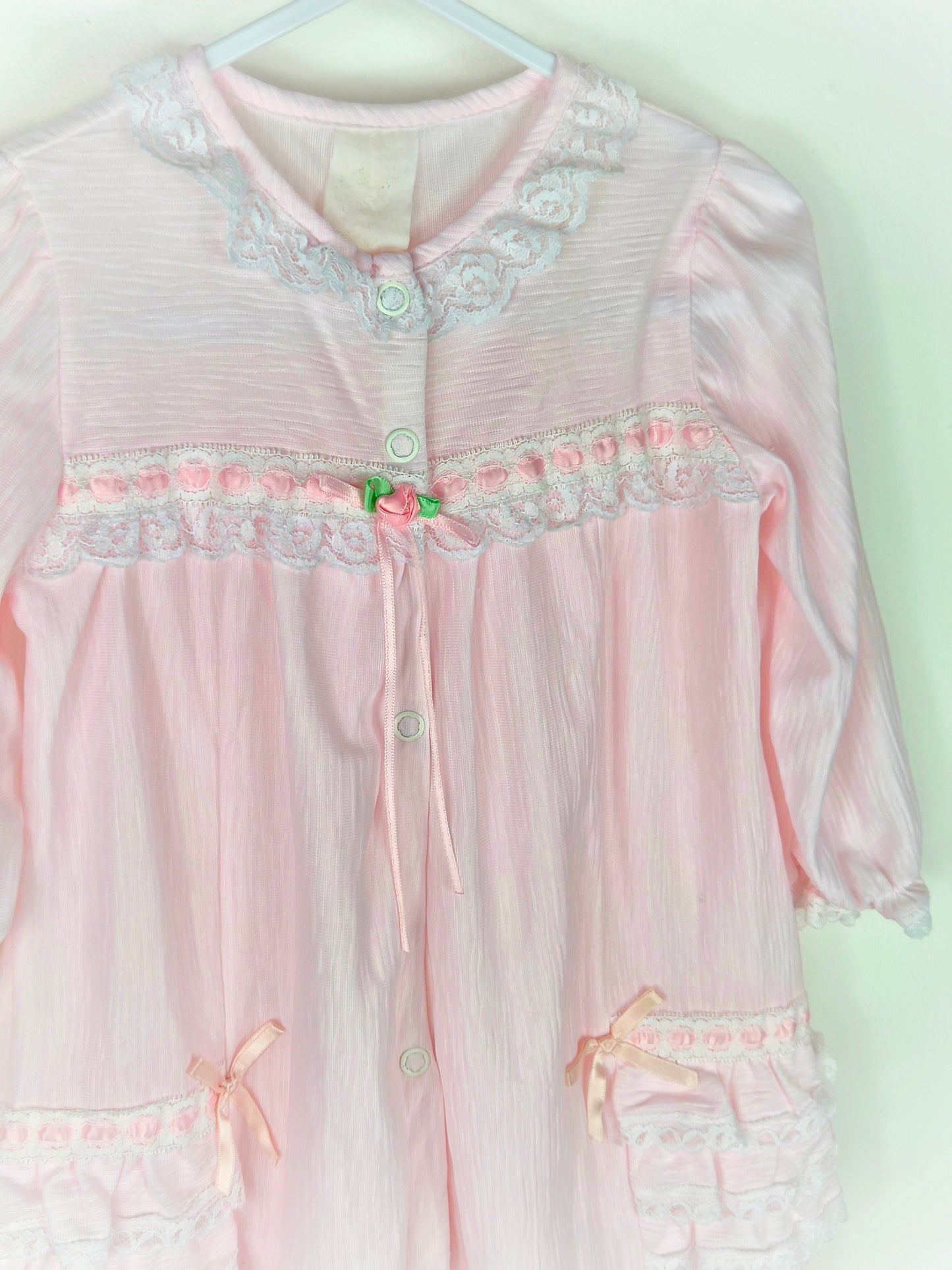 12 months. Pink vintage sleepsuit sith lace, ribbons and frills