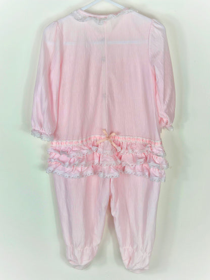 12 months. Pink vintage sleepsuit sith lace, ribbons and frills