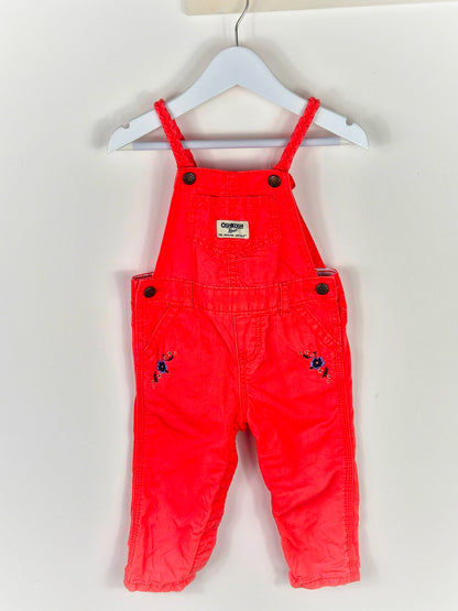 12 months. Coral Oshkosh dungarees with embroidered flowers and braided straps