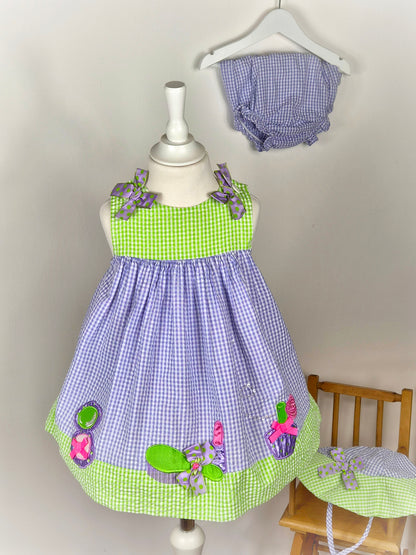 3 years. Rare Editions 3 piece gingham set. Dress with make-up appliques, bloomers and hat
