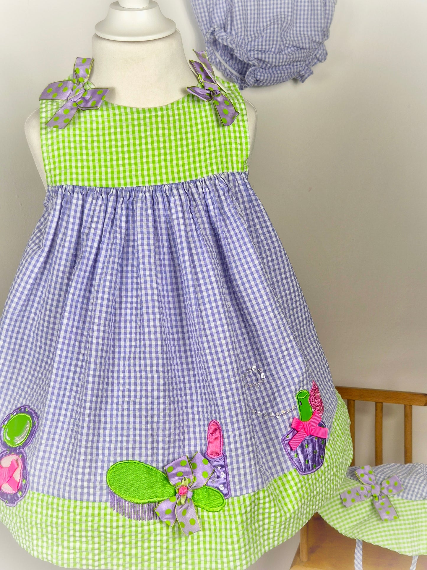 3 years. Rare Editions 3 piece gingham set. Dress with make-up appliques, bloomers and hat