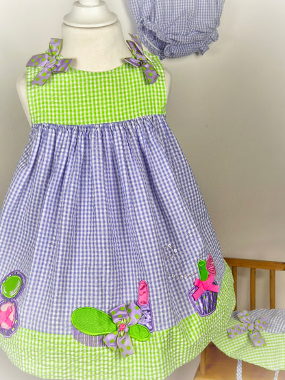 3 years. Rare Editions 3 piece gingham set. Dress with make-up appliques, bloomers and hat