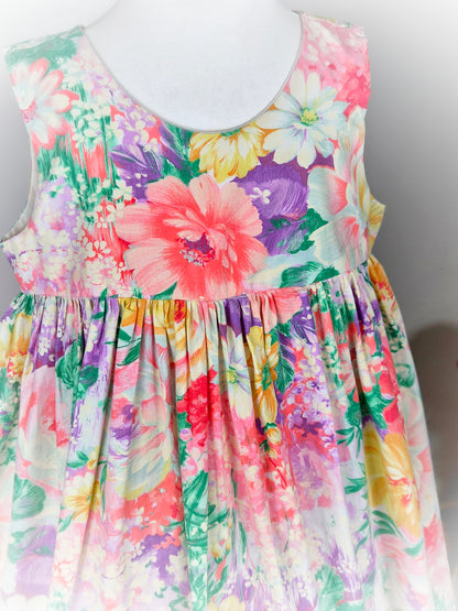 7-8 years. Sleeveless floral dress, handmade from vintage fabric