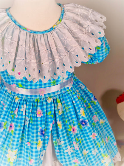 4 years. Blue gingham vintage dress with floral design, large white ruffled bib and ruffle eyelet layers