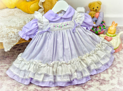 12 months. Lilac and white vintage dress with embroidered flowers, lace and ruffles
