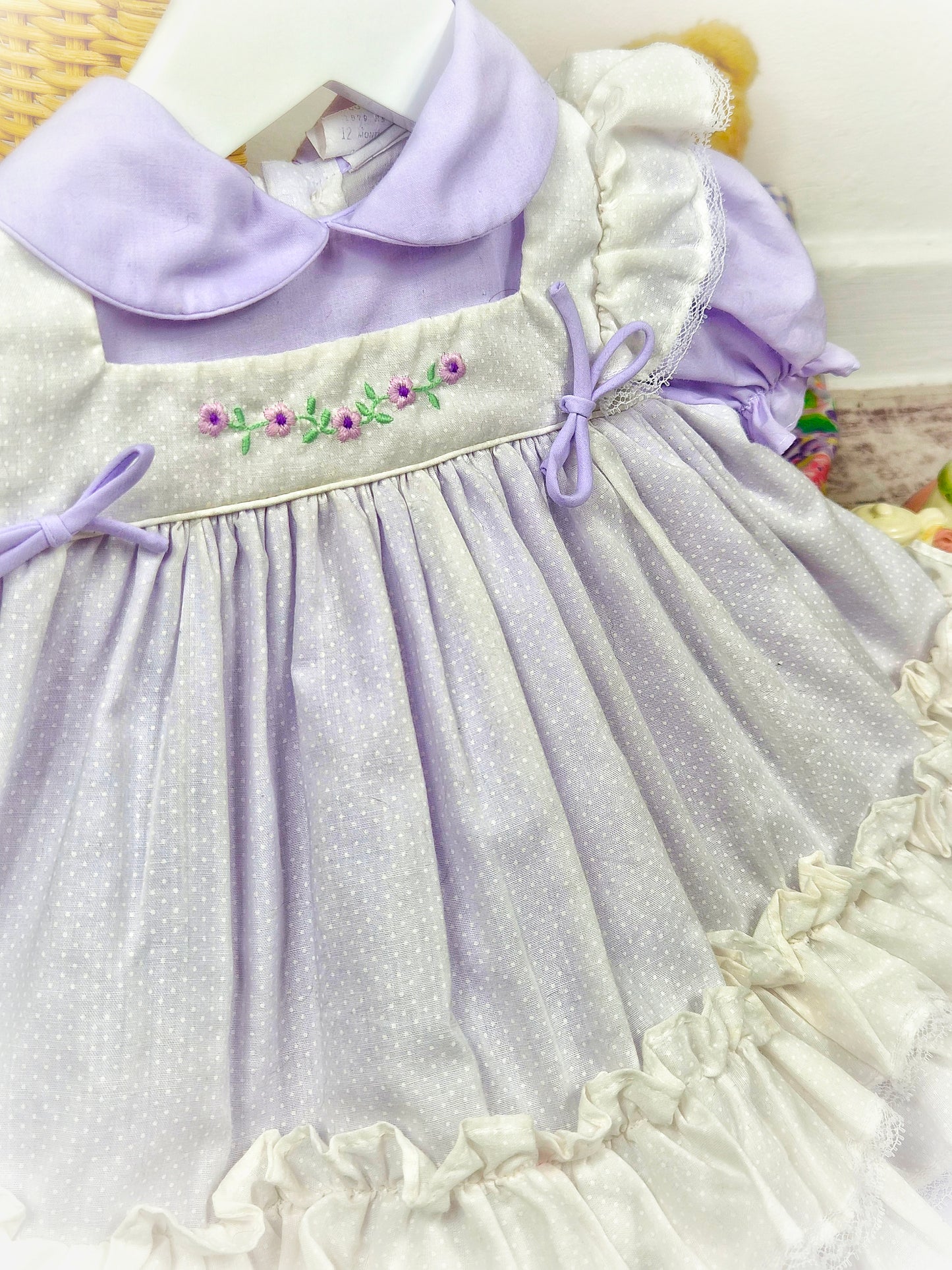 12 months. Lilac and white vintage dress with embroidered flowers, lace and ruffles