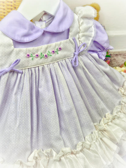 12 months. Lilac and white vintage dress with embroidered flowers, lace and ruffles