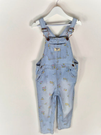 4 years. Blue and white striped Oshkosh dungarees with floral print