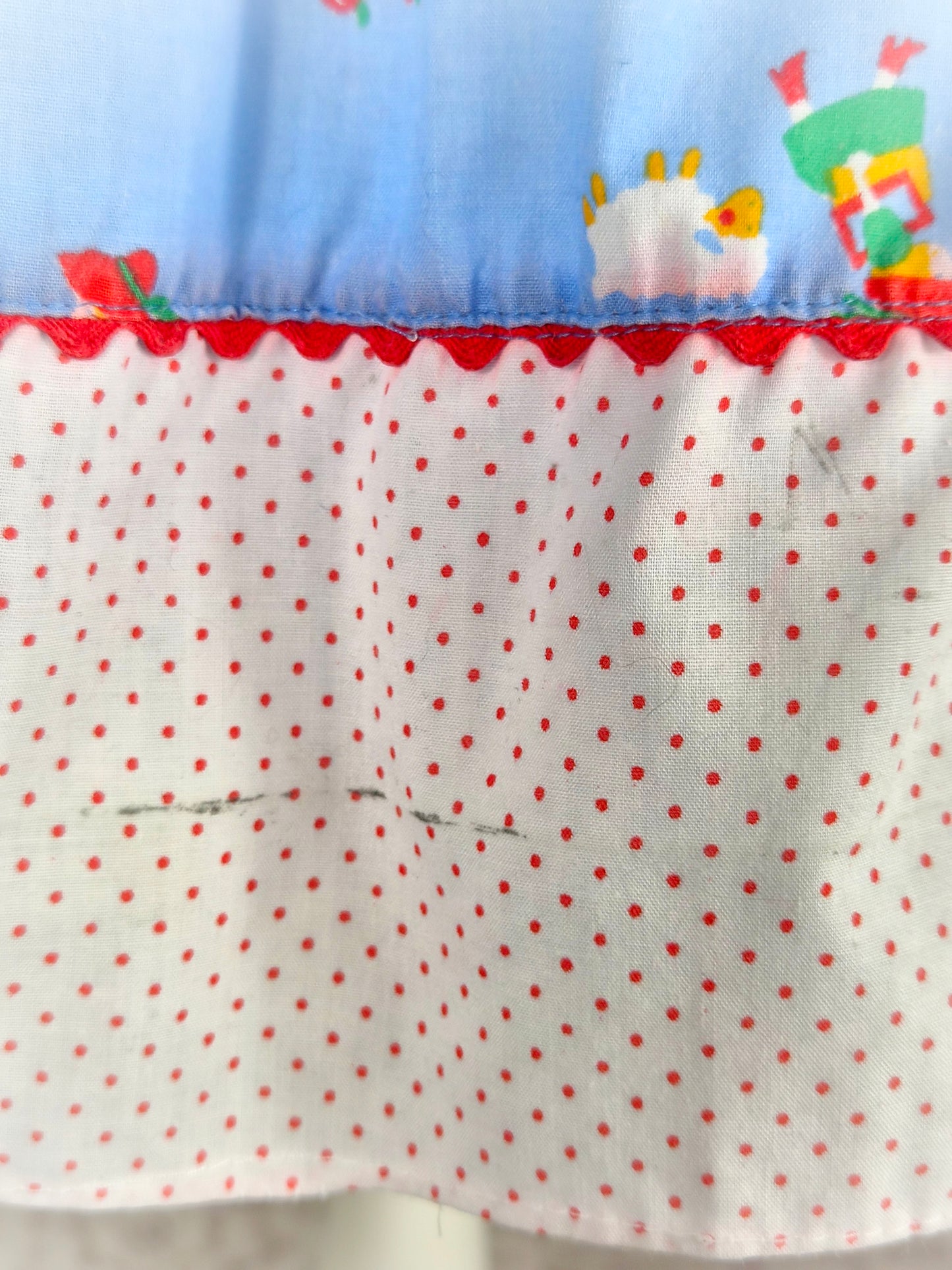 3 years. Blue, white and red "back to school" dress with apple pockets