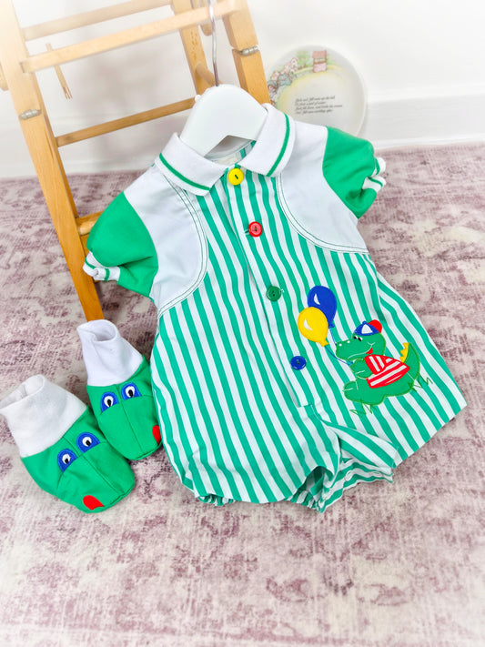 9-12 months. Green and white striped romper with crocodile applique and matching shoes