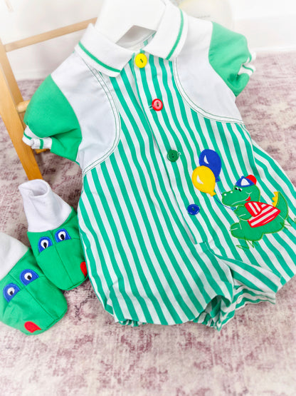 9-12 months. Green and white striped romper with crocodile applique and matching shoes