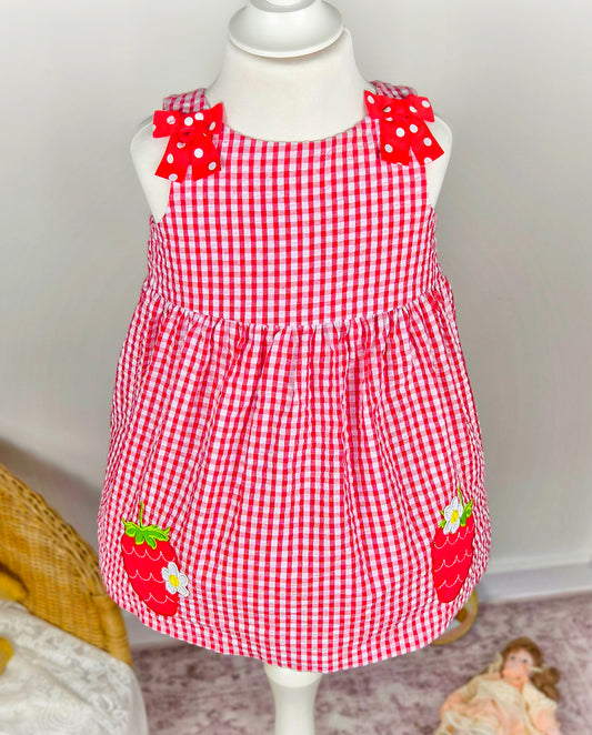 2 years. Red and white sleeveless gingham dress with red polka dot bowsand strawberry appliques
