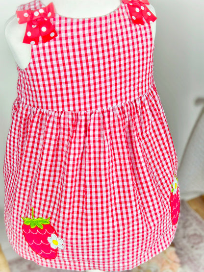 2 years. Red and white sleeveless gingham dress with red polka dot bowsand strawberry appliques
