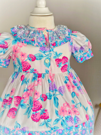 2 years. Vintage dress from Picture Perfect with fruit print, puff sleeves and lace collar