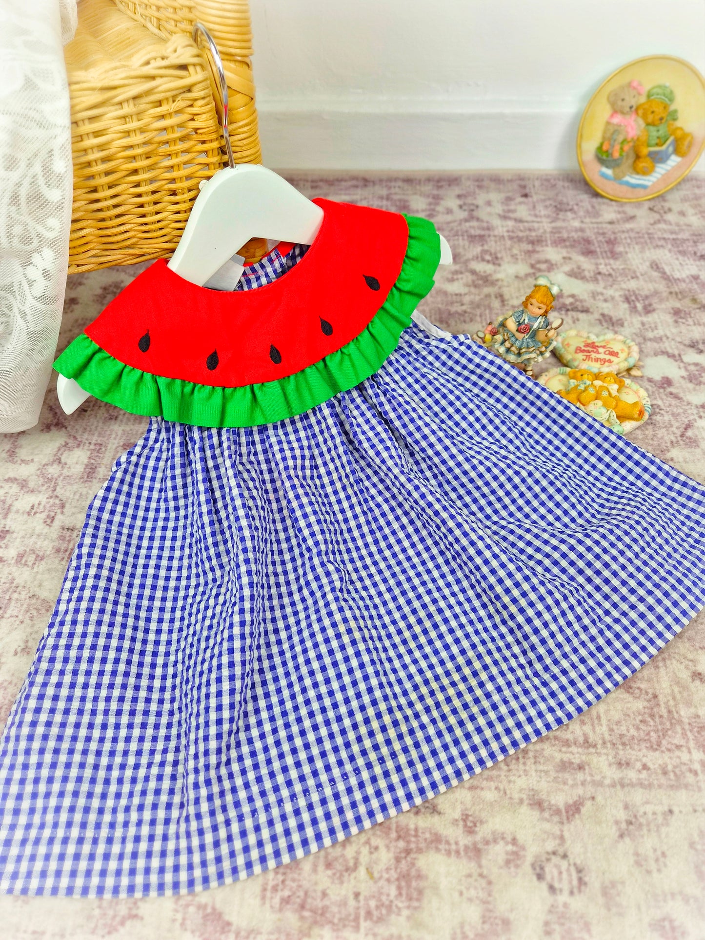 12-18 months. Navy and white gingham vintage Samara dress, sleevless with watermelon bib
