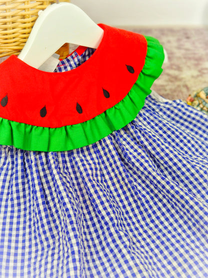 12-18 months. Navy and white gingham vintage Samara dress, sleevless with watermelon bib