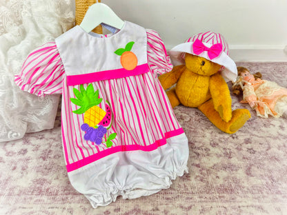 2 years. Vintage romper and matching hat from Nannette, white and hot pink stripes with fruit appliques