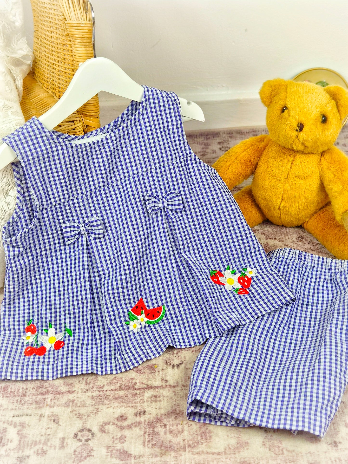 3 years. Navy & white gingham Samara set with embroidered fruit, pleats and bows