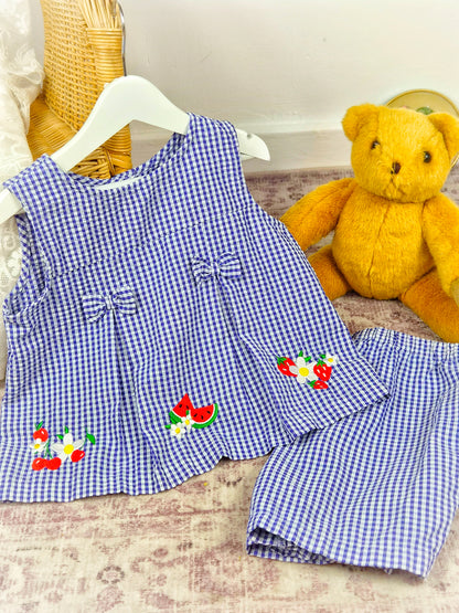 3 years. Navy & white gingham Samara set with embroidered fruit, pleats and bows