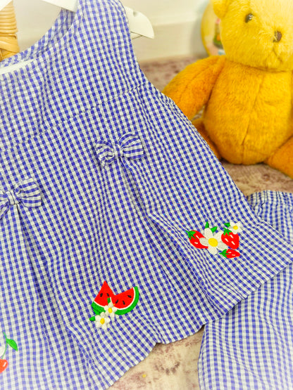 3 years. Navy & white gingham Samara set with embroidered fruit, pleats and bows